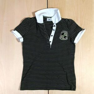 LACOSTE Border Short Sleeve Polo Shirt Size 38 (Small) Green Black Ivory Women